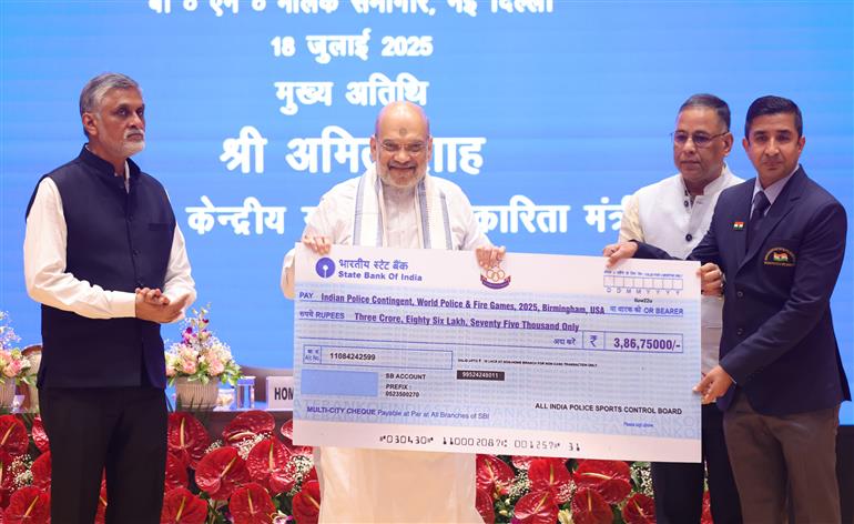 The Union Minister for Home Affairs and Cooperation, Shri Amit Shah at the felicitation ceremony of 613 medal winners and Indian contingent for the ‘21st World Police and Fire Games-2025’, in New Delhi on July 18, 2025.