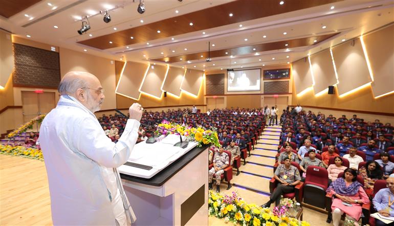The Union Minister for Home Affairs and Cooperation, Shri Amit Shah addresses the felicitation ceremony of 613 medal winners and Indian contingent for the ‘21st World Police and Fire Games-2025’, in New Delhi on July 18, 2025.