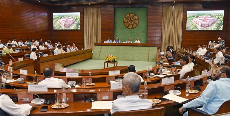 The Union Minister of Minority Affairs & Parliamentary Affairs, Shri Kiren Rijiju holds a meeting with floor leaders of Political Parties at Parliament House, in New Delhi on July 20, 2025.