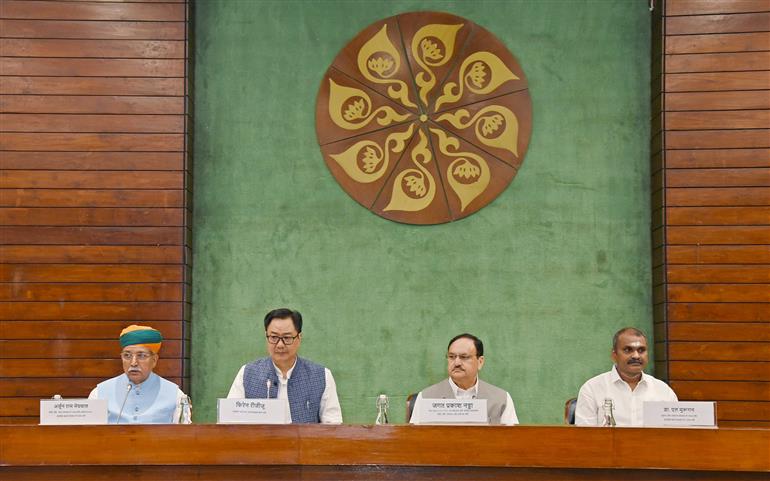 The Union Minister of Minority Affairs & Parliamentary Affairs, Shri Kiren Rijiju holds a meeting with floor leaders of Political Parties at Parliament House, in New Delhi on July 20, 2025.