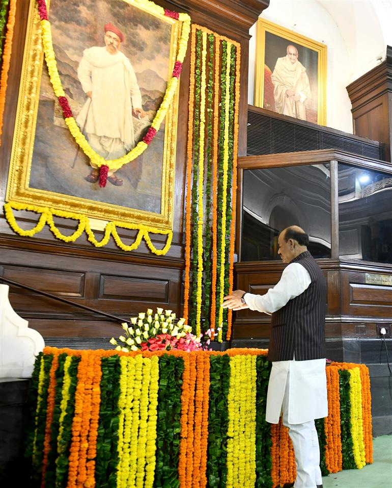 The Speaker of Lok Sabha, Shri Om Birla paying floral tributes to Shri Bal Gangadhar Tilak on the occasion of his birth anniversary at Parliament House, in New Delhi on July 23, 2025.