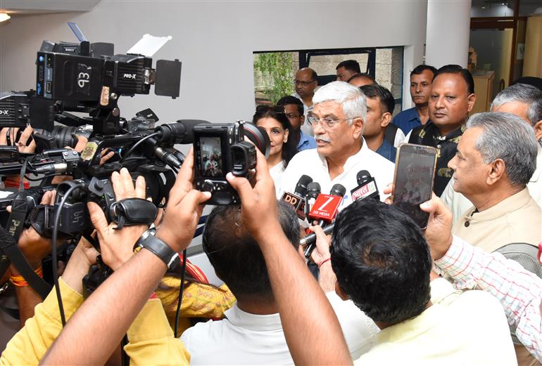 The Union Minister of Culture and Tourism, Shri Gajendra Singh Shekhawat interacting with media during the release of documentary film titled Kan Kan Mein Ram in New Delhi, on July 23, 2025.