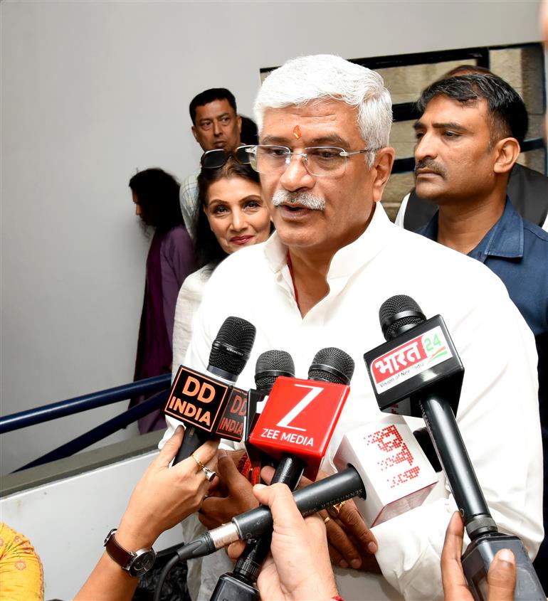 The Union Minister of Culture and Tourism, Shri Gajendra Singh Shekhawat interacting with media during the release of documentary film titled Kan Kan Mein Ram in New Delhi, on July 23, 2025.