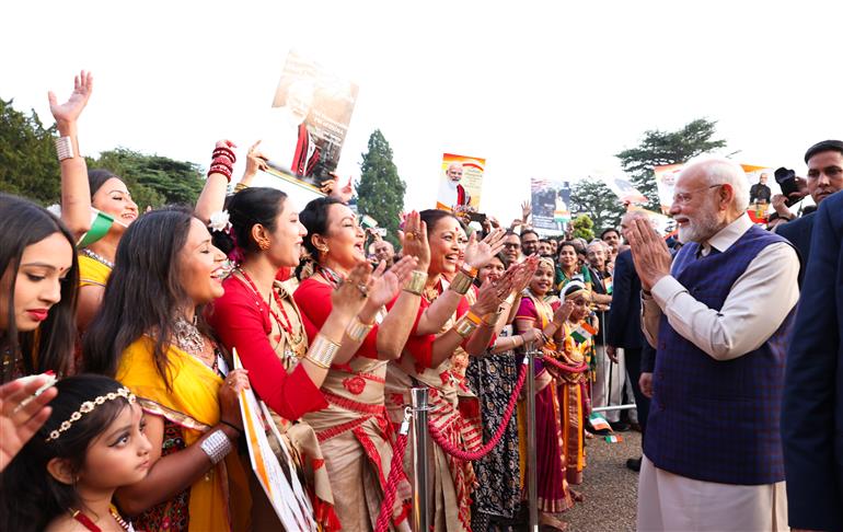 PM receives a rousing welcome by Indian community on his arrival at London, in United Kingdom on July 23, 2025.:Prime Minister's Office PM receives a rousing welcome by Indian community on his arrival at London, in United Kingdom on July 23, 2025.:Prime Minister