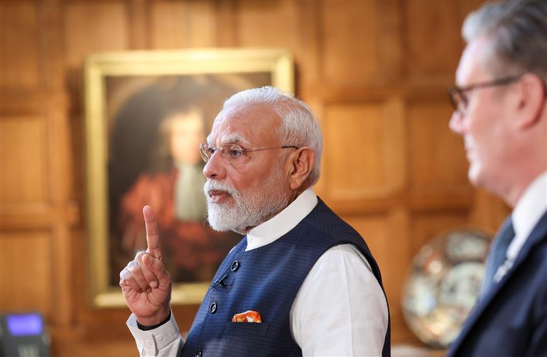 PM addressing the Joint Press Statement with the Prime Minister of United Kingdom, Mr. Keir Starmer at London, in England on July 24, 2025.:Prime Minister's Office PM addressing the Joint Press Statement with the Prime Minister of United Kingdom, Mr. Keir Starmer at London, in England on July 24, 2025.:Prime Minister