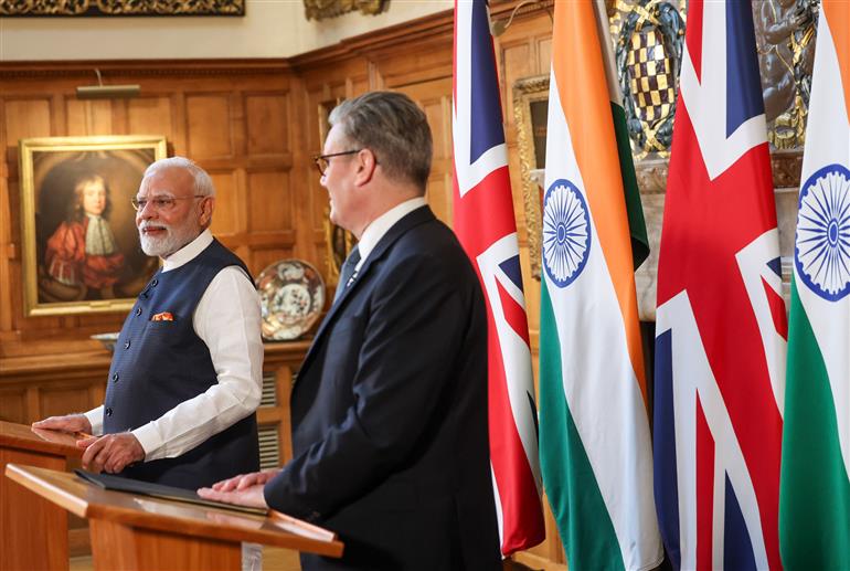 PM addressing the Joint Press Statement with the Prime Minister of United Kingdom, Mr. Keir Starmer at London, in England on July 24, 2025.:Prime Minister's Office PM addressing the Joint Press Statement with the Prime Minister of United Kingdom, Mr. Keir Starmer at London, in England on July 24, 2025.:Prime Minister