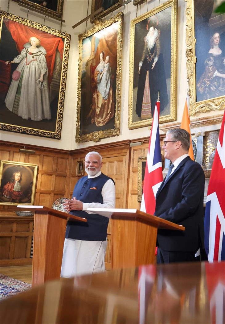 PM addressing the Joint Press Statement with the Prime Minister of United Kingdom, Mr. Keir Starmer at London, in England on July 24, 2025.:Prime Minister's Office PM addressing the Joint Press Statement with the Prime Minister of United Kingdom, Mr. Keir Starmer at London, in England on July 24, 2025.:Prime Minister