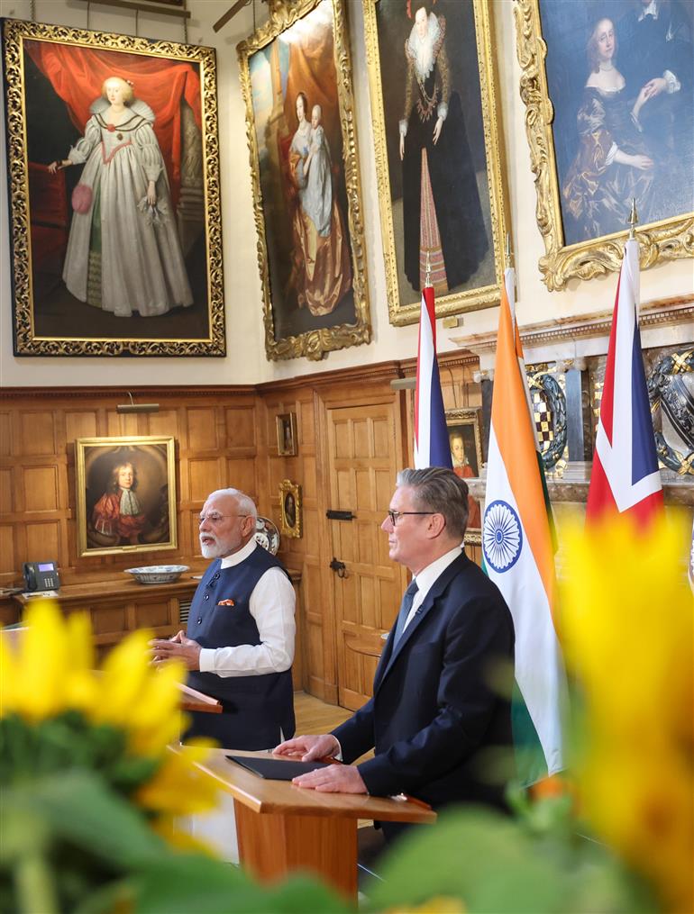 PM addressing the Joint Press Statement with the Prime Minister of United Kingdom, Mr. Keir Starmer at London, in England on July 24, 2025.:Prime Minister's Office PM addressing the Joint Press Statement with the Prime Minister of United Kingdom, Mr. Keir Starmer at London, in England on July 24, 2025.:Prime Minister