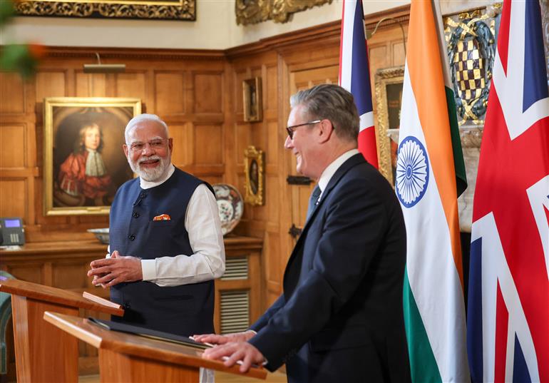PM addressing the Joint Press Statement with the Prime Minister of United Kingdom, Mr. Keir Starmer at London, in England on July 24, 2025.:Prime Minister's Office PM addressing the Joint Press Statement with the Prime Minister of United Kingdom, Mr. Keir Starmer at London, in England on July 24, 2025.:Prime Minister