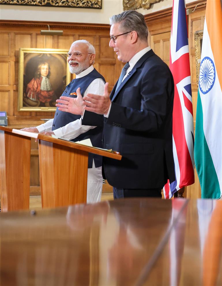 PM addressing the Joint Press Statement with the Prime Minister of United Kingdom, Mr. Keir Starmer at London, in England on July 24, 2025.:Prime Minister's Office PM addressing the Joint Press Statement with the Prime Minister of United Kingdom, Mr. Keir Starmer at London, in England on July 24, 2025.:Prime Minister