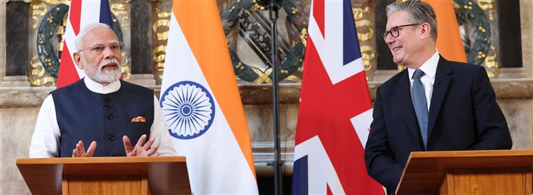 PM addressing the Joint Press Statement with the Prime Minister of United Kingdom, Mr. Keir Starmer at London, in England on July 24, 2025.:Prime Minister's Office PM addressing the Joint Press Statement with the Prime Minister of United Kingdom, Mr. Keir Starmer at London, in England on July 24, 2025.:Prime Minister
