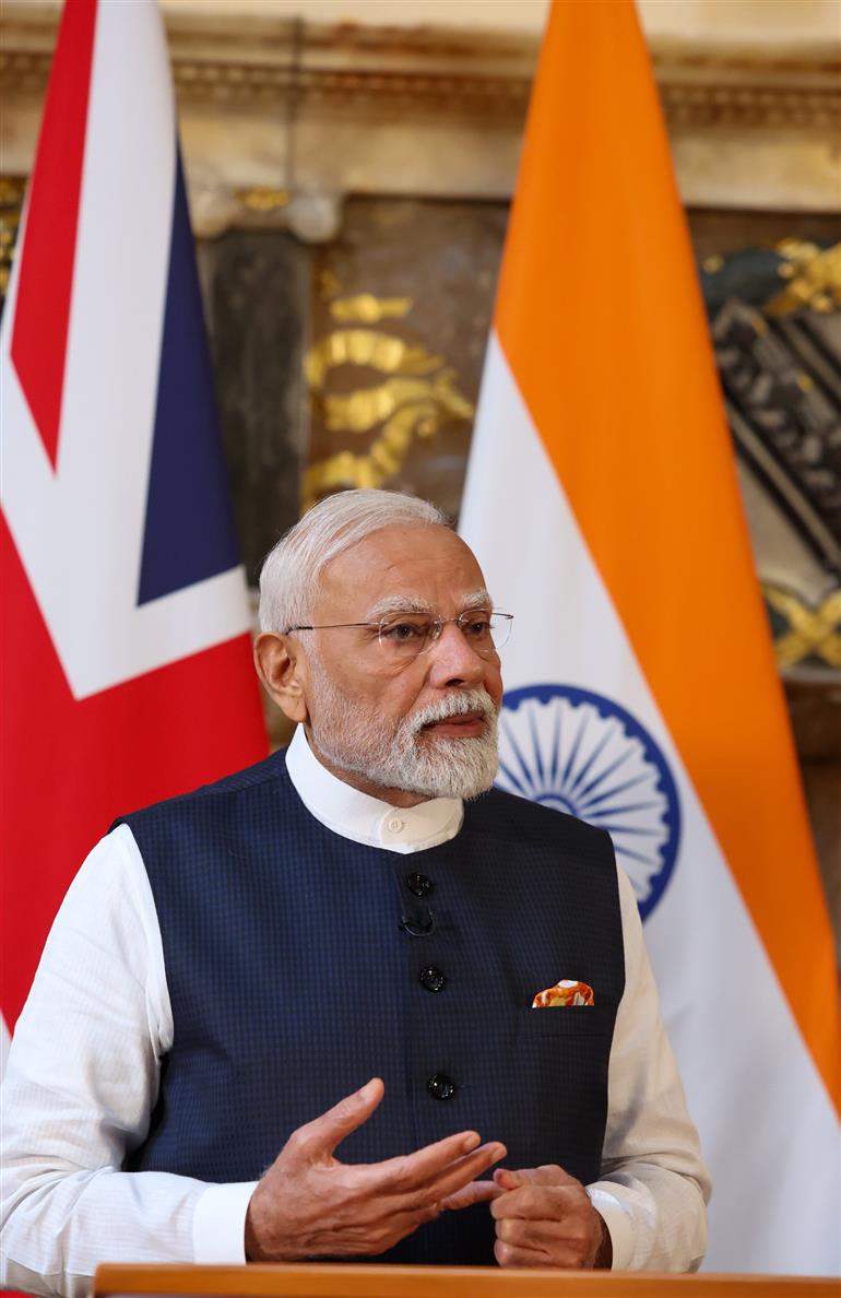 PM addressing the Joint Press Statement with the Prime Minister of United Kingdom, Mr. Keir Starmer at London, in England on July 24, 2025.:Prime Minister's Office PM addressing the Joint Press Statement with the Prime Minister of United Kingdom, Mr. Keir Starmer at London, in England on July 24, 2025.:Prime Minister