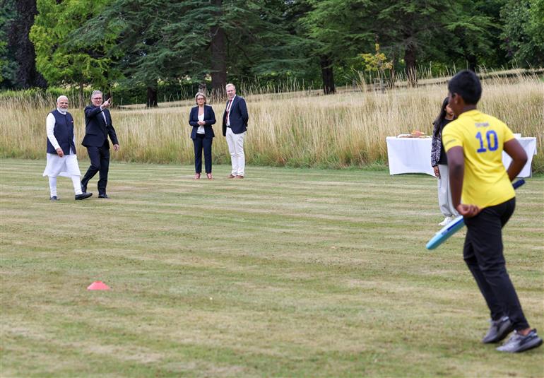 PM and the Prime Minister of the United Kingdom, Mr. Keir Starmer interaction with members of the ‘Buckingham Street Cricket Hub’ in London, England on July 24, 2025.:Prime Minister's Office PM and the Prime Minister of the United Kingdom, Mr. Keir Starmer interaction with members of the ‘Buckingham Street Cricket Hub’ in London, England on July 24, 2025.:Prime Minister
