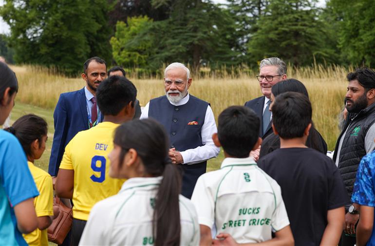 PM and the Prime Minister of the United Kingdom, Mr. Keir Starmer interaction with members of the ‘Buckingham Street Cricket Hub’ in London, England on July 24, 2025.:Prime Minister's Office PM and the Prime Minister of the United Kingdom, Mr. Keir Starmer interaction with members of the ‘Buckingham Street Cricket Hub’ in London, England on July 24, 2025.:Prime Minister