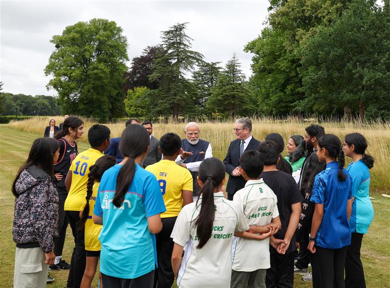 PM and the Prime Minister of the United Kingdom, Mr. Keir Starmer interaction with members of the ‘Buckingham Street Cricket Hub’ in London, England on July 24, 2025.:Prime Minister's Office PM and the Prime Minister of the United Kingdom, Mr. Keir Starmer interaction with members of the ‘Buckingham Street Cricket Hub’ in London, England on July 24, 2025.:Prime Minister