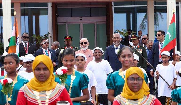PM receives a warm welcome by the President of Maldives, Dr. Mohamed Muizzu on his arrival at Malé, in Maldives on July 25, 2025.:Prime Minister's Office PM receives a warm welcome by the President of Maldives, Dr. Mohamed Muizzu on his arrival at Malé, in Maldives on July 25, 2025.:Prime Minister