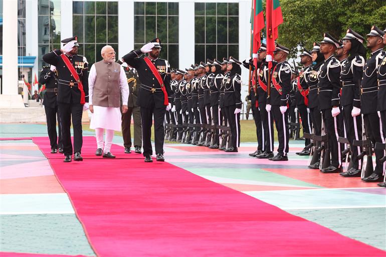 PM receives ceremonial welcome and guard of honour at Malé, in Maldives on July 25, 2025.:Prime Minister's Office PM receives ceremonial welcome and guard of honour at Malé, in Maldives on July 25, 2025.:Prime Minister