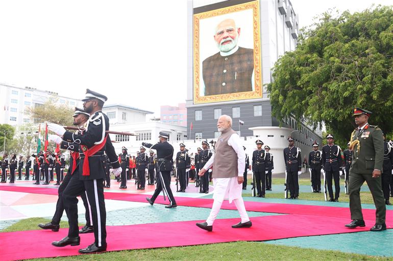 PM receives ceremonial welcome and guard of honour at Malé, in Maldives on July 25, 2025.:Prime Minister's Office PM receives ceremonial welcome and guard of honour at Malé, in Maldives on July 25, 2025.:Prime Minister