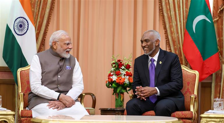 PM holds a bilateral meeting with the President of Maldives, Dr. Mohamed Muizzu at Malé, in Maldives on July 25, 2025.:Prime Minister's Office PM holds a bilateral meeting with the President of Maldives, Dr. Mohamed Muizzu at Malé, in Maldives on July 25, 2025.:Prime Minister