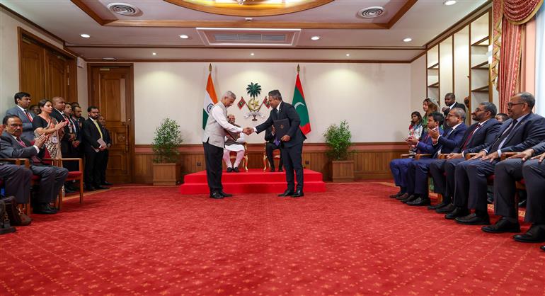 PM and the President of Maldives, Dr. Mohamed Muizzu witnessing the Signing and Exchange of several MoUs between India and Maldives at Malé, in Maldives on July 25, 2025.:Prime Minister's Office PM and the President of Maldives, Dr. Mohamed Muizzu witnessing the Signing and Exchange of several MoUs between India and Maldives at Malé, in Maldives on July 25, 2025.:Prime Minister