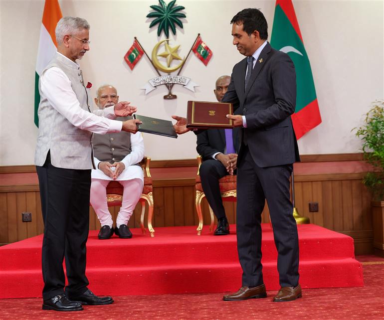 PM and the President of Maldives, Dr. Mohamed Muizzu witnessing the Signing and Exchange of several MoUs between India and Maldives at Malé, in Maldives on July 25, 2025.:Prime Minister's Office PM and the President of Maldives, Dr. Mohamed Muizzu witnessing the Signing and Exchange of several MoUs between India and Maldives at Malé, in Maldives on July 25, 2025.:Prime Minister