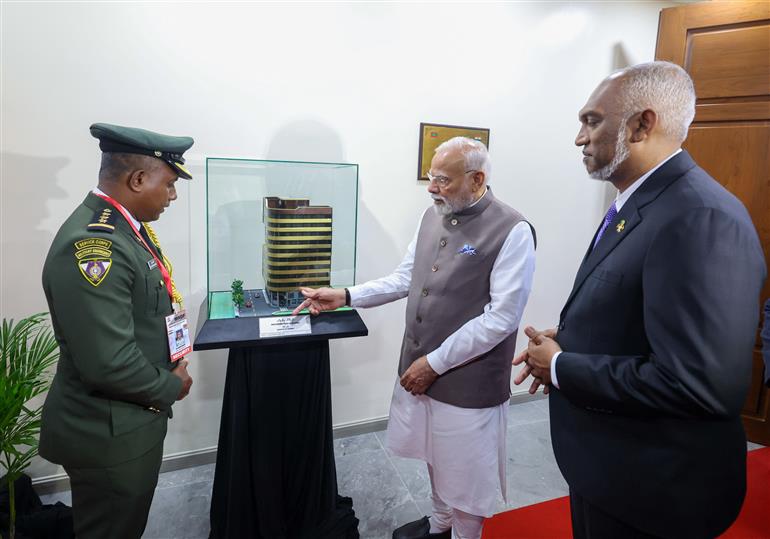 PM and the President of Maldives, Dr. Mohamed Muizzu at the jointly inauguration of the Ministry of Defence building at Malé, in Maldives on July 25, 2025.:Prime Minister's Office PM and the President of Maldives, Dr. Mohamed Muizzu at the jointly inauguration of the Ministry of Defence building at Malé, in Maldives on July 25, 2025.:Prime Minister