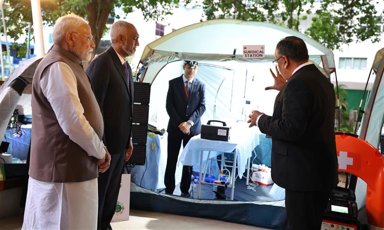 PM presented the BHISHM (Bharat Health Initiative for Sahyog Hita & Maitri) Cubes to the President of Maldives, Dr. Mohamed Muizzu for reaffirming the partnership between the two countries in the service of the people at Malé, in Maldives on July 25, 2025.:Prime Minister's Office PM presented the BHISHM (Bharat Health Initiative for Sahyog Hita & Maitri) Cubes to the President of Maldives, Dr. Mohamed Muizzu for reaffirming the partnership between the two countries in the service of the people at Malé, in Maldives on July 25, 2025.:Prime Minister