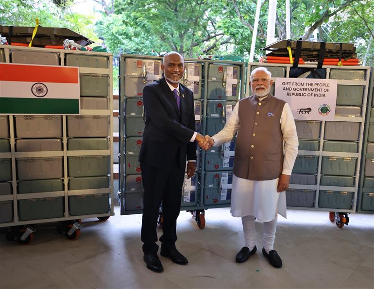 PM presented the BHISHM (Bharat Health Initiative for Sahyog Hita & Maitri) Cubes to the President of Maldives, Dr. Mohamed Muizzu for reaffirming the partnership between the two countries in the service of the people at Malé, in Maldives on July 25, 2025.:Prime Minister's Office PM presented the BHISHM (Bharat Health Initiative for Sahyog Hita & Maitri) Cubes to the President of Maldives, Dr. Mohamed Muizzu for reaffirming the partnership between the two countries in the service of the people at Malé, in Maldives on July 25, 2025.:Prime Minister