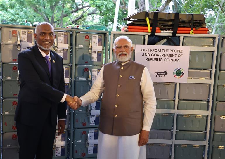 PM presented the BHISHM (Bharat Health Initiative for Sahyog Hita & Maitri) Cubes to the President of Maldives, Dr. Mohamed Muizzu for reaffirming the partnership between the two countries in the service of the people at Malé, in Maldives on July 25, 2025.:Prime Minister's Office PM presented the BHISHM (Bharat Health Initiative for Sahyog Hita & Maitri) Cubes to the President of Maldives, Dr. Mohamed Muizzu for reaffirming the partnership between the two countries in the service of the people at Malé, in Maldives on July 25, 2025.:Prime Minister