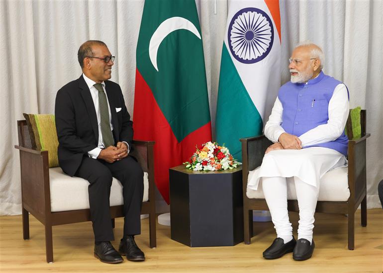 PM meeting with former President of Maldives, Mr. Mohamed Nasheed at Male, in Maldives on July 26, 2025.:Prime Minister's Office PM meeting with former President of Maldives, Mr. Mohamed Nasheed at Male, in Maldives on July 26, 2025.:Prime Minister