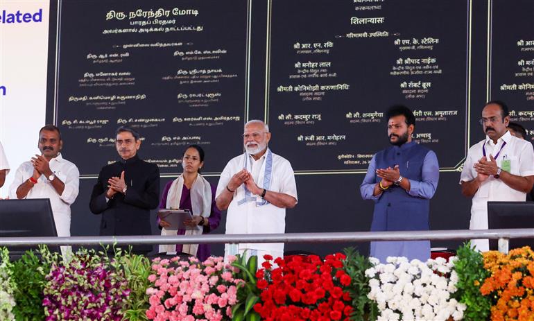 PM lays the foundation stone, inaugurates and dedicates to the nation various Development Projects during the public event held at Tuticorin, in Tamil Nadu on July 26, 2025.