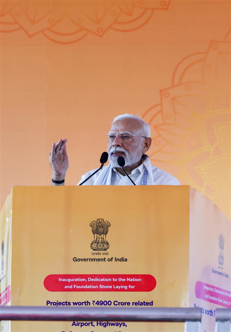 PM addressing the gathering at public event on the sidelines of the foundation stone laying,  dedication and inauguration of various Development Projects to the nation at Tuticorin, in Tamil Nadu on July 26, 2025.