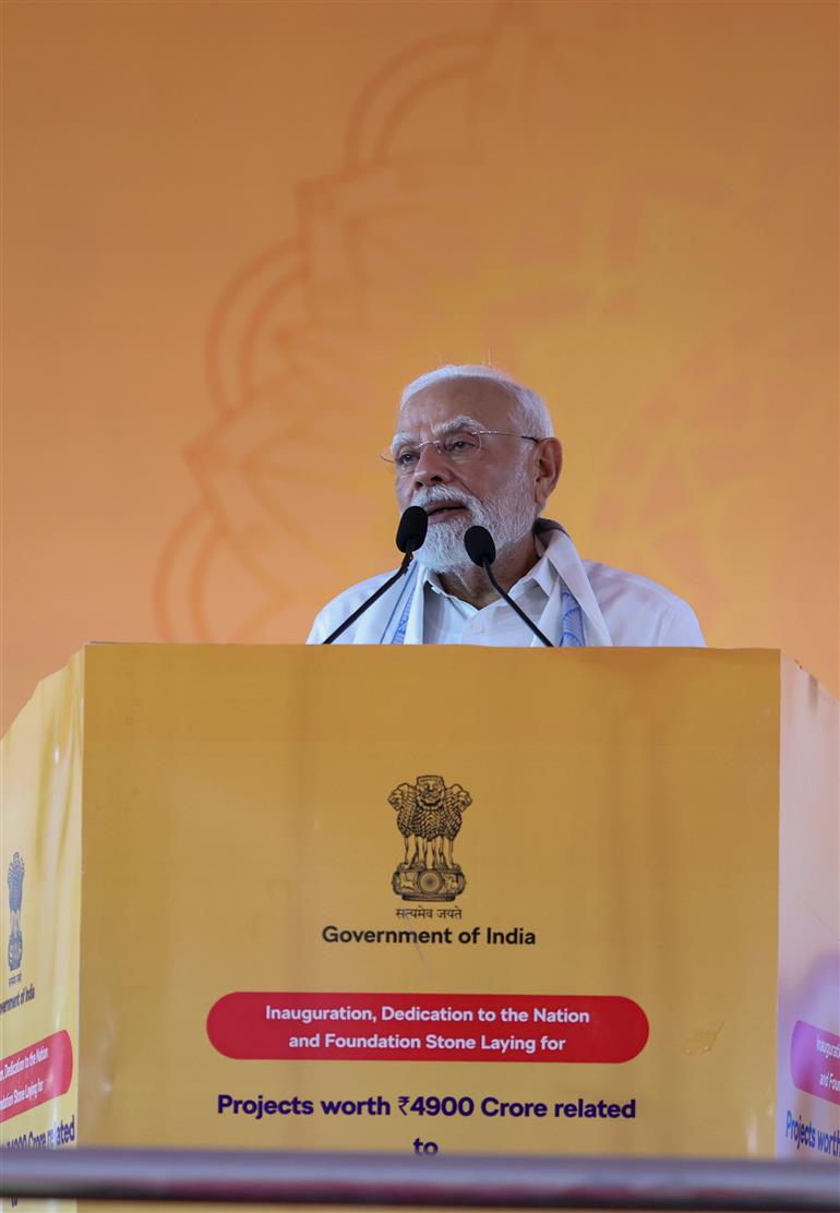 PM addressing the gathering at public event on the sidelines of the foundation stone laying,  dedication and inauguration of various Development Projects to the nation at Tuticorin, in Tamil Nadu on July 26, 2025.