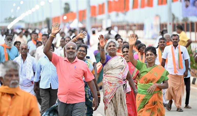 Gathering at the public event on the sidelines of the foundation stone laying,  dedication and inauguration of various Development Projects to the nation at Tuticorin, in Tamil Nadu on July 26, 2025. PM addressing on the occasion.