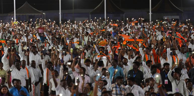 Gathering at the public event on the sidelines of the foundation stone laying,  dedication and inauguration of various Development Projects to the nation at Tuticorin, in Tamil Nadu on July 26, 2025. PM addressing on the occasion.