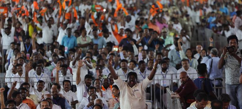Gathering at the public event on the sidelines of the foundation stone laying,  dedication and inauguration of various Development Projects to the nation at Tuticorin, in Tamil Nadu on July 26, 2025. PM addressing on the occasion.