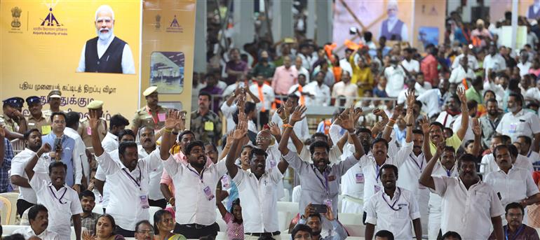Gathering at the public event on the sidelines of the foundation stone laying,  dedication and inauguration of various Development Projects to the nation at Tuticorin, in Tamil Nadu on July 26, 2025. PM addressing on the occasion.