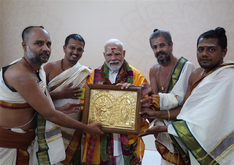 PM meets Deekshitars from the Thillai Nataraja Temple, Chidambaram, in Tamil Nadu on July 27, 2025.