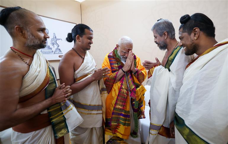 PM meets Deekshitars from the Thillai Nataraja Temple, Chidambaram, in Tamil Nadu on July 27, 2025.