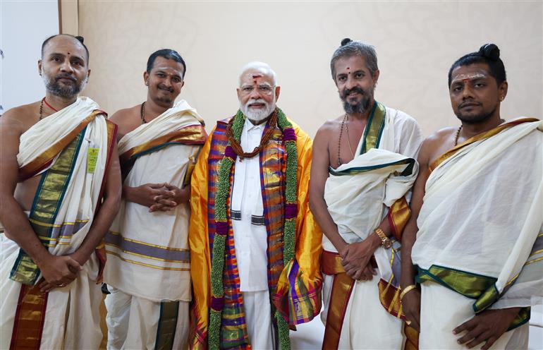 PM meets Deekshitars from the Thillai Nataraja Temple, Chidambaram, in Tamil Nadu on July 27, 2025.