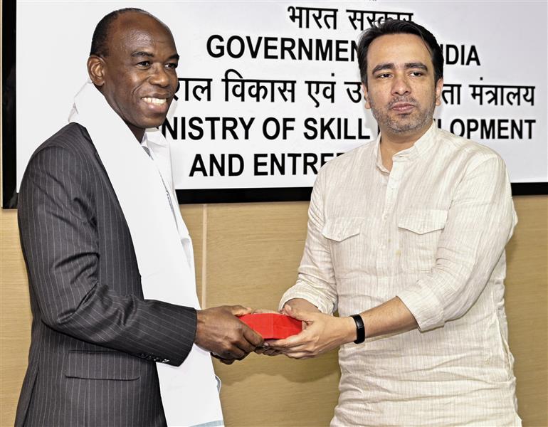 The Minister of State (Independent Charge) for Skill Development and Entrepreneurship & Education, Shri Jayant Chaudhary attend the Skills study tour of the World Bank team from Central & West Africa, in New Delhi on July 28, 2025.