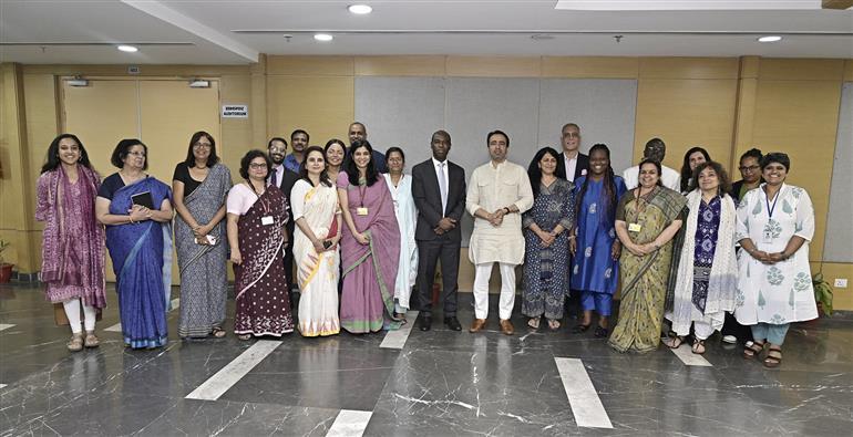 The Minister of State (Independent Charge) for Skill Development and Entrepreneurship & Education, Shri Jayant Chaudhary attend the Skills study tour of the World Bank team from Central & West Africa, in New Delhi on July 28, 2025.