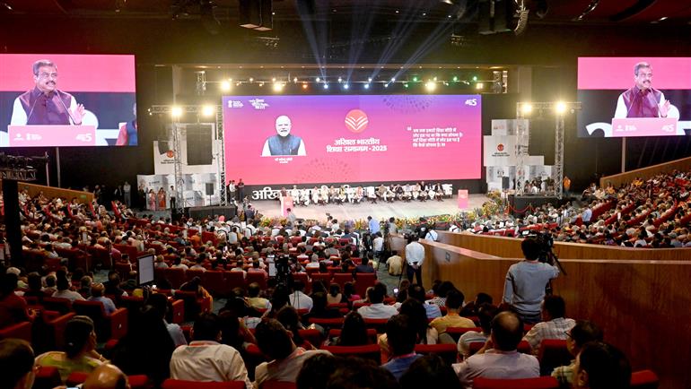 The Union Minister for Education, Shri Dharmendra Pradhan addressing the gathering at the Inaugural Session of Akhil Bhartiya Shiksha Samagam-2025 (5th Anniversary Celebration of NEP 2020) at Bharat Mandapam, in New Delhi on July 29, 2025.