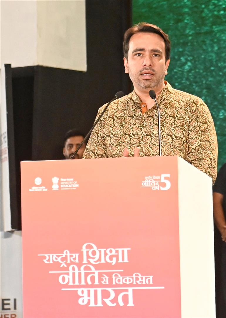 The Minister of State (Independent Charge) for Skill Development and Entrepreneurship & Education, Shri Jayant Chaudhary addressing at the Inaugural Session of Akhil Bhartiya Shiksha Samagam-2025 (5th Anniversary Celebration of NEP 2020) at Bharat Mandapam, in New Delhi on July 29, 2025.