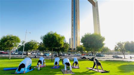 The Countdown is on: 18 Days to IDY-2025 Members of the IPF-uae MP Council practicing various yoga Asanas & Breathing techniques to promote mindfulness, unity and wellness in front of the world's largest frame in Dubai on June 03, 2025.:AYUSH
