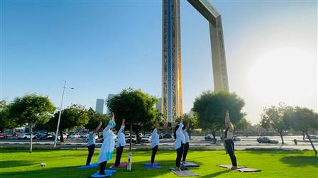 The Countdown is on: 18 Days to IDY-2025 Members of the IPF-uae MP Council practicing various yoga Asanas & Breathing techniques to promote mindfulness, unity and wellness in front of the world's largest frame in Dubai on June 03, 2025.:AYUSH
