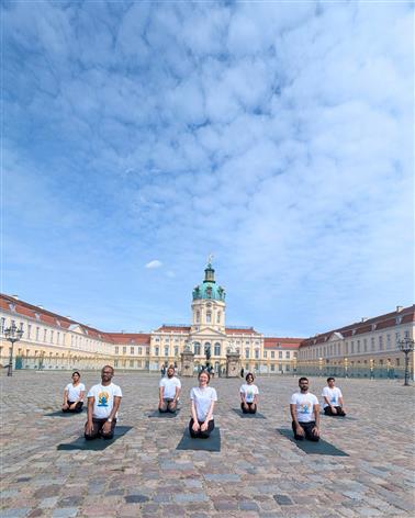 Framed by the baroque elegance of Charlottenburg Palace, The Embassy of India in Berlin and The Tagore Cultural Centre are doing Yoga and This unique session beautifully illustrated how Yoga, rooted in ancient Indian wisdom, in Berlin on June 03, 2025.:AYUSH