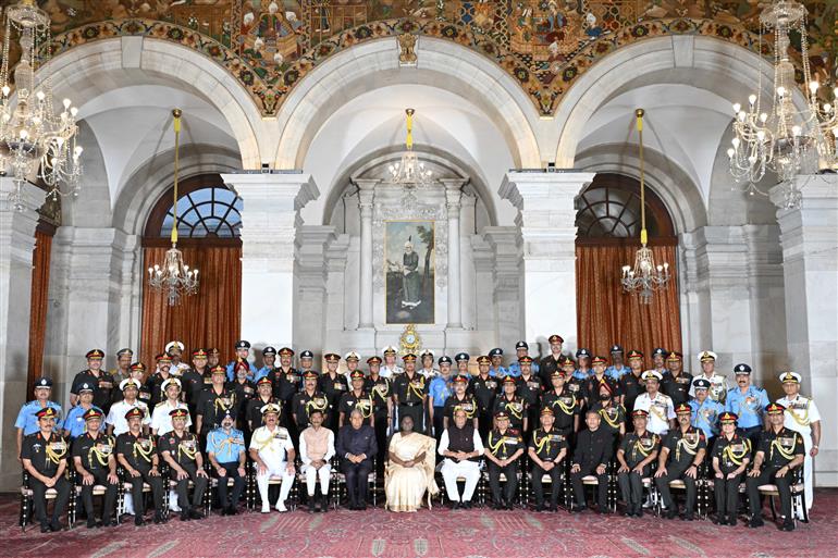 The President of India, Smt Droupadi Murmu in a group photograph at the Defence Investiture Ceremony-II held at Rashtrapati Bhavan, in New Delhi on June 04, 2025.