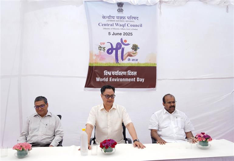The Union Minister of Minority Affairs & Parliamentary Affairs, Shri Kiren Rijiju & Minister of State for Minority Affairs, Shri George Kurian on the occasion of World Environment Day, plant a tree each – Ek Ped Maa k Naam at CWC Bhawan, Saket, in New Delhi on June 05, 2025.