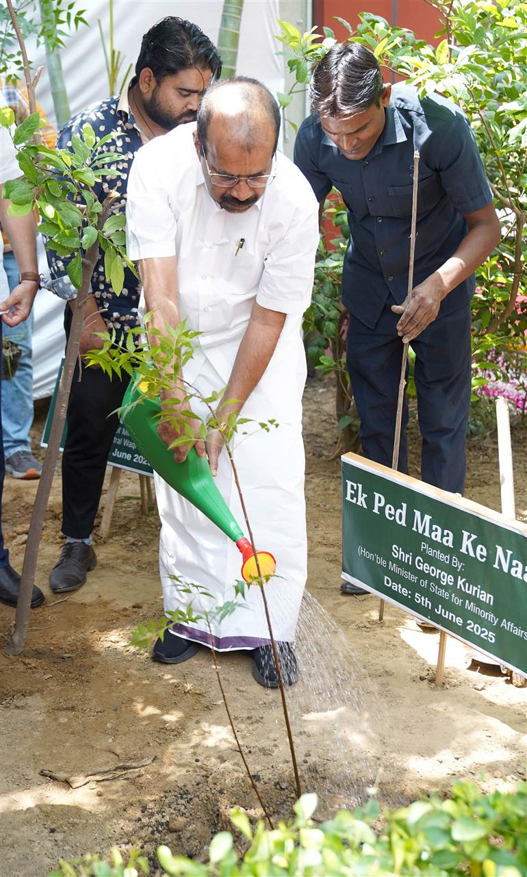 The Union Minister of Minority Affairs & Parliamentary Affairs, Shri Kiren Rijiju & Minister of State for Minority Affairs, Shri George Kurian on the occasion of World Environment Day, plant a tree each – Ek Ped Maa k Naam at CWC Bhawan, Saket, in New Delhi on June 05, 2025.